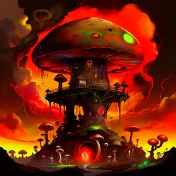 A fantabulous black, green and orange (((mushroom tower house))) erected atop a (geologic pillar), surrounded by the uncanny imaginative ((( swirling skies))), offset by the stark hues of a (neon-tinged nebulous space scape), within. captured by the hand a skilled master painter with a focus on (softly blurred compositions and voluminous lighting).