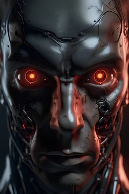 User an incredibly realistic humanoid cyborg looking straight at the camera, insanely realistic cinematic portrait photography, the left eye is a red LED, insanely realistic, gritty photography, ominous,