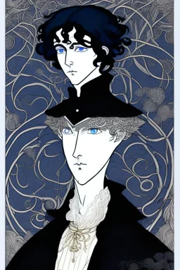 young black haired blue eyed wizard in the style of aubrey beardsley