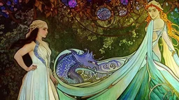 art by Alfons Mucha, stained glass motif, whole body image of beautiful Emilia Clark as Daenerys Targaryen in a mystical enchanted forest standing next to a dragon, HD 4K, sharp detail, photo-realistic accurate face and features, cinematic lighting, award winning imagery