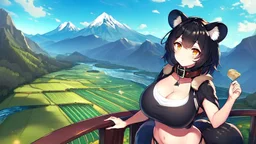 girl on the bridge,open navel, black hair, orange eyes, river, mountain,collar on neck, raccoon ears, raccoon tail, (10: big breasts), rice fields.