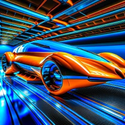 award winning car and driver photograph of a futuristic station wagon designed by only one vehicle per image painted metallic orange traveling at a high rate of speed, jet intake off of front center of vehicle and jet exhaust out the rear with bright blue flame, bilaterally symetrical, more a high speed road vehicle