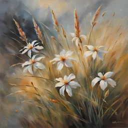 ((best quality)), ((masterpiece)), ((realistic,digital art)), (hyper detailed), Willem Haenraets style painting of a close up of star grass flowers, painted by Willem Haenraets