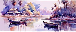 watercolor painting of indian backwater, pen line sketch and watercolor painting ,Inspired by the works of Daniel F. Gerhartz, with a fine art aesthetic and a highly detailed, realistic style