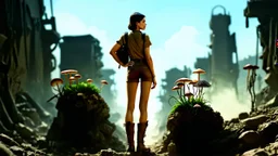 A slender 50-year-old woman, in brown shorts, a shirt and boots, one hand on hip, the other holding a backpack, standing in a deserted, empty, dead sci-fi city, with small clumps of strange plants and fungi