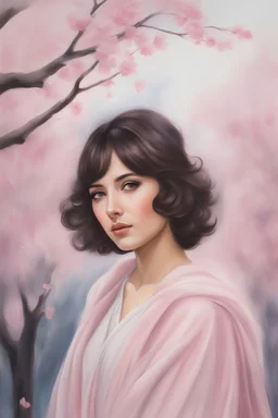 Young woman angel with large soft pink wings, lovely face, Dark brown eyes, elegant coat, dark medium hair, photorealistic, triadic colors, soft water colours painting, cherry tree background