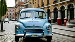 Un elefante adulto sentado dentro de un Fiat 600 clásico azul celeste, visto desde el exterior a través de las ventanillas y el parabrisas. El gigantesco animal ocupa todo el interior del automóvil, con la trompa apoyada sobre el salpicadero y una oreja sobresaliendo por la puerta entreabierta. El pequeño coche está aparcado en una plaza urbana italiana de los años sesenta, rodeado de arquitectura mediterránea, motocicletas y peatones adultos que continúan caminando como si la escena fuera compl