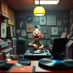 3-d render cartoonish classic inside a dj vinyl record shop record store