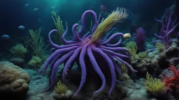 animals creatures, plants from subanautica from deep sea, leviathan's a lot of sea plants very deep, beautiful, river of magma, green and blue, dark purple