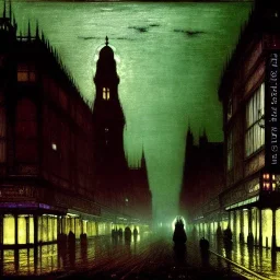 Corner building Metropolis ,dark colours by john atkinson Grimshaw,