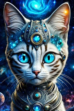 cute and weird stunning cat alien hybrid , galaxy, stars, fantasy, detailed, masterpiece intricate details, HDR, beautifully shot, sharp focus, 64 megapixels, sci-fi mood