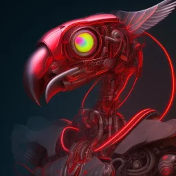 A beautiful portrait of a cyborg bird red color scheme, high key lighting, volumetric light high details psychedelic background