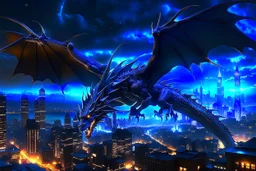 black dragon in flight city in the background at night