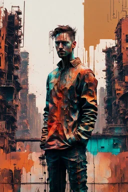 an impasto and tint line photo of a (sad:1.5) (cyberpunk:1.7) man standing in front of a city made of rust, ink leak, bronze - skinned, (front view:1.8), geometric curves, featured art, philosophical splashes of colors, art brought to life, soul shock, moderate glitch patterns