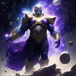 A god-like thanos with infinite power who owns the galaxies,A powerful commander in a dress made of galaxies and stars with a huge army