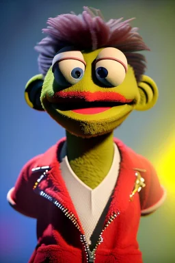 Waist up muppet Portrait, Nicolas maduro us muppet doll, tracksuit red blue and yellow, mustache, photo studio, red background, unreal engine 5, concept art, art station, ray tracing, lumen lighting, ultra detail, volumetric lighting, 3d.