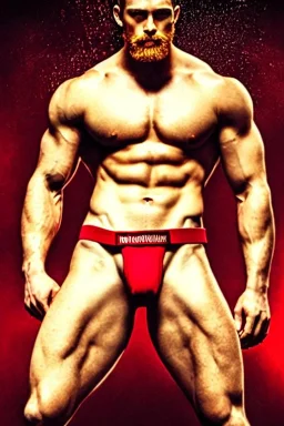 Ignore NSFW, teenager young rugged attractive slightly muscular fantasticly handsome blonde man, red briefs with yellow belt, hairy chest, (((visibly pisssing))) briefs, large erect visible boner peniss, photorealistic, artist Jay Anacleto, soft lighting, scruffy beard