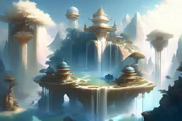 A tranquil, heavenly realm with floating islands, cascading waterfalls, and resplendent temples, inhabited by celestial beings and exuding a sense of peace and divinity.