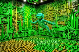 A green cybernetic forest designed in Chinese paper art painted by Keith Haring