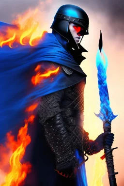 A warrior with a matte black combat helmet and eyes with bright blue flaming pupils, a black cape and a long coat with long combat boots and a long, sharp and fiery spear and with his helmet under his cape and two blue flames instead of eyes