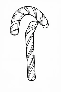 A black and white cute drawing of a candy cane with a ribbon, only outline, white background,for kids.