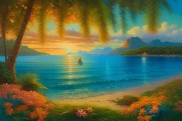 moorea beach stunning sunset turqoise sea color with coral transparent oil painting lots of flowers and swaying large palm trees hammock golden sunset calm sea
