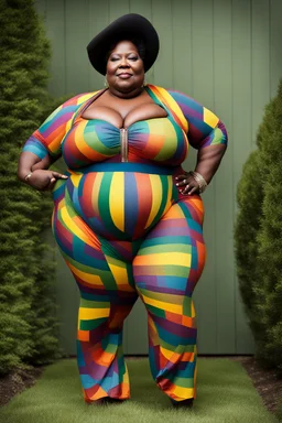 Massively obese black woman with a beard wearing a skin-tight rainbow jumpsuit. There is a bulge in the groin. Photograph.