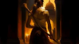 Realistic oil painting of a woman's backside, accentuated by the glow of an aureole behind her, holding an axe in one hand and standing in front of the ancient city of Babylon. Inspired by the works of John Singer Sargent and Albrecht Dürer, this highly detailed piece captures both sensuality and power. The use of warm colors and soft lighting adds to the realism and depth in this portrait. A true masterpiece for any art collector or enthu