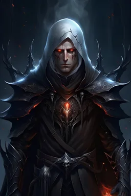 male, dark elven, white hair, black hood, black mantle, bone bracers, bone pauldron, glowing runes, nordic runes, color of rot eyes, glowing eyes, dark fantasy, full body raw, ultra detailed, ultra quality