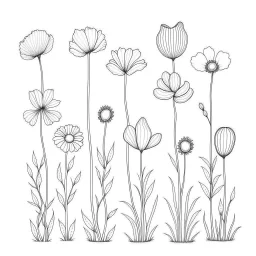 set of grow wind flower on the grace, SIMPLE ONE lineS art, white background, minimalis, different view, only white bakcground solid.