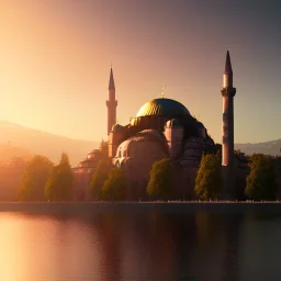 Sultanahmet standing back to back under sky, landscape lake, sunset, illustration concept art anime