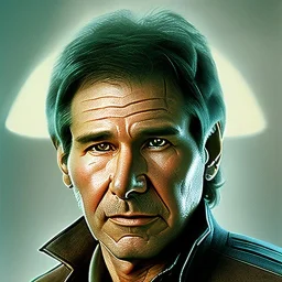 stunning photo realistic detailed head to waist portrait of harrison ford as han solo in star wars with photo realistic short hair, brown eyes,by Cindy Sherman, Sharp focus, weathered skin,space jacket from star wars,