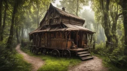 Medieval gothic Two-story, wooden gipsy caravan on a pathway in dense woodland