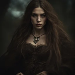 Witch with long brown hair and eyes, heart shaped lips, wearing dress and robesintricate details, HDR, beautifully shot, hyperrealistic, sharp focus, 64 megapixels, perfect composition, high contrast, cinematic, atmospheric, moody