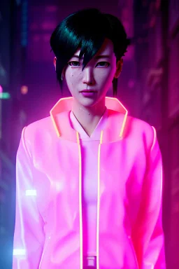 portrait, Asian cyborg woman, ghost in the shell style :: symmetry photography, cyberpunk, pink hair, makeup, long line eye, light iris, :: latex coat, japanese traditional pattern, wires and circuits, pink, white, black :: cinematic, Ultra realistic, dark scene, soft color, highly detailed, unreal engine 5, RTX, ultra detail, 3d, finely drawn, high definition.