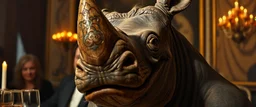 close up portrait painted by Rembrandt, smiling stupid looking furry dragon rhino at banquet