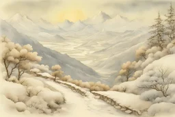 landscape with a path with bushes and trees, in the background picturesque mountains, winter scene with snow and sun, line art, and watercolor, by Anton Pieck, by Otto Riet, by Hugo Pratt, flowers, clouds, watercolor, drawing, pen, [ink color], colored, intricate detailed highly detailed digital painting ultra reallistic fantasy very attractive beautiful award winning photograph 4K 3D colourful Started from image: