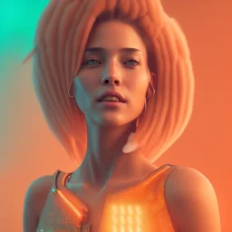 A beautiful portrait of a cyberpunk woman smiling facing camera orange color scheme, high key lighting, volumetric light high details with white stripes and feathers unreal 5, octane render, cinema4d, dynamic lighting, dramatic lighting, 4k, redshift render, highly detailed, hyper realistic