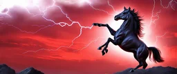 full silhouette of a horse rearing up(on left side, outlined by lighting), red sky, lightning bolts(from top to bottom left), in the speed force