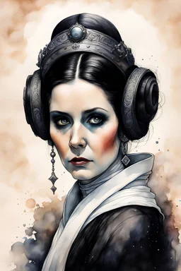 Jean-Baptiste Monge style 19th century hand drawn full body portrait dark gothic fantasy illustrationof princess leia from star wars, with highly detailed facial features with large sad eyes, drawings, 8k, vibrant natural colors, otherworldly and fantastic, ink wash and watercolor