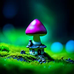 "Close up of a wonderful tiny Mushroom Tower home. green and magenta with bright white, deep black and contrasting tones of gray. Illuminated bioluminescent forest. Professional painter, master at composition. small but detailed. broken, blurred background, voluminous lighting"