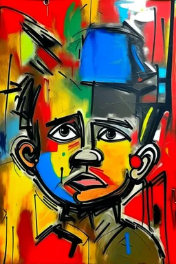 in abstract art Basquiat, Picasso, colorful acrylic colors representing, with expressive character--ar 16:9 --no text letter font. –c 40, Buffet and Picasso style