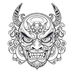 White, minimalis line art , oni mask japanes scarry, vector, white background, outline, with images neatly contained within the background, just black and white color,