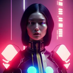 Latin, Cyber Woman, long hair, samurai, cyberpunk, neon, highly detailed, art stations, concept art, smooth, unreal engine 5, god rays, ray tracing, RTX, lumen lighting, ultra detail, volumetric lighting, 3d, finely drawn, high definition, high resolution, gradient background