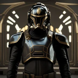 star wars bald male corellian pilot wearing gunmetal grey and black first order armored TIE pilot flightsuit and helmet with gold trim inside the jedi temple, centered head and shoulders portrait, hyperdetailed, dynamic lighting, hyperdetailed background, 8k resolution, volumetric lighting, light skin, fully symmetric details