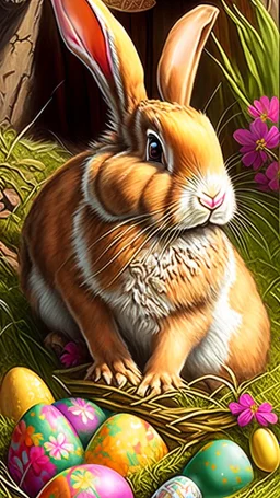 Easter bunny adventure, art, drawing, very realistic, detailed, vibrant colors.