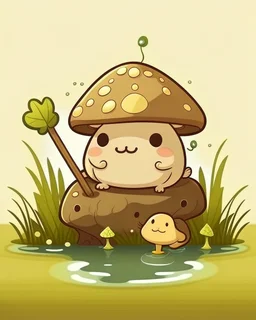 magical kawaii mushroom with a big, frowning mouth and droopy eyes, sitting on a mossy log in a quiet and peaceful forest, lost in its own thoughts, high details, forest background, cute, kawaii, style