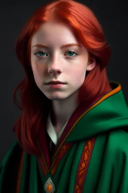 A girl with red hair and green eyes and she is wearing a Hogwarts robe