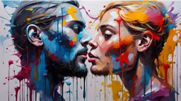 Painting with a dense palette, oil on canvas, hard strokes, paint drips, paint splashes. Love of a man and a woman