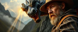 master oil painting by Rembrandt, close up portrait of farmer in Valdres ducking below claw of raging dragon, light beams through volume fog sky in mountain pass, dragon cast spells of lightening, motion blurred background, depth of field